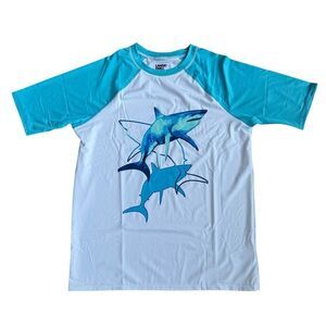 Land’s End Blue Turquoise White Swim Top Rash Guard Sharks Boys M 8 NWOT